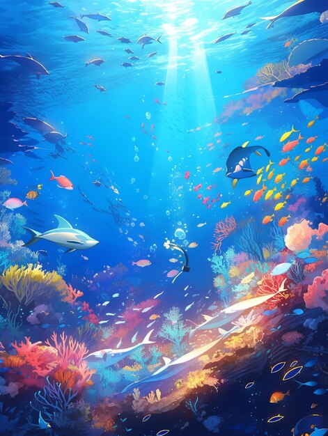 There is a painting of a coral reef with many different fish generative ai