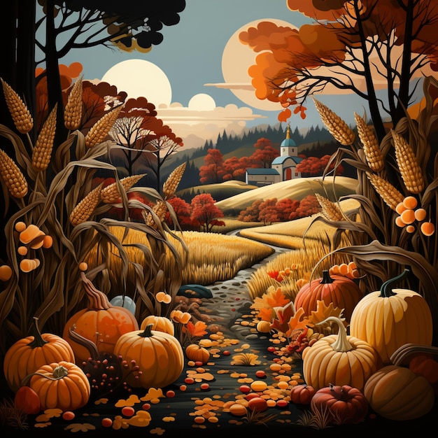 There is a painting of a country scene with pumpkins and corn generative ai