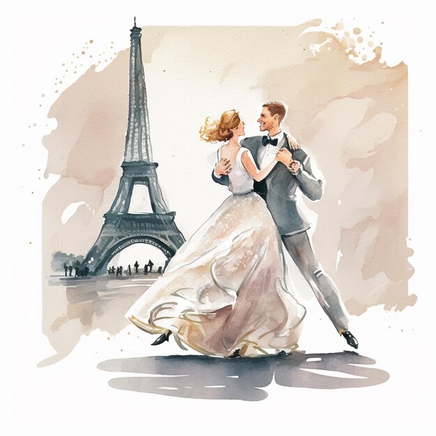 there is a painting of a couple dancing in front of the eiffel tower generative ai