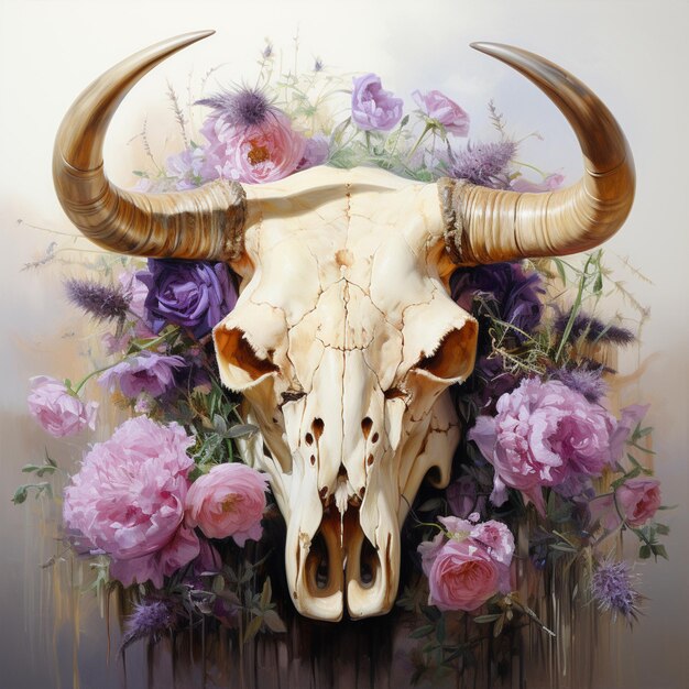 牛の頭蓋骨の絵 角と花が描かれている