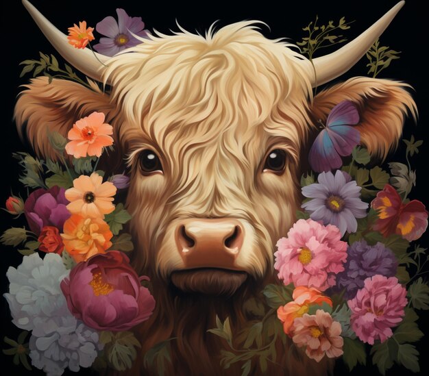 There is a painting of a cow with flowers on its head generative ai