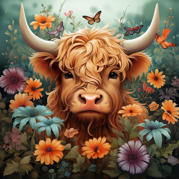 there is a painting of a cow with horns and flowers generative ai