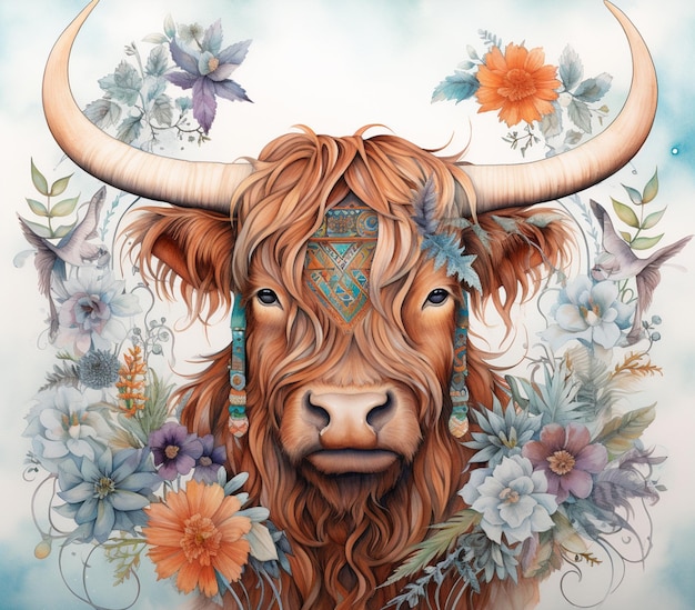 There is a painting of a cow with a long horn and flowers generative ai
