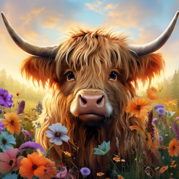 there is a painting of a cow with long horns in a field of flowers generative ai