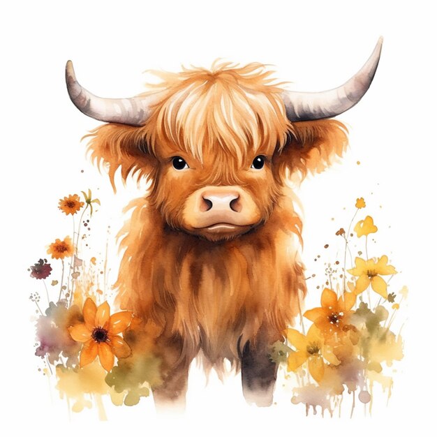 there is a painting of a cow with long horns and flowers generative ai