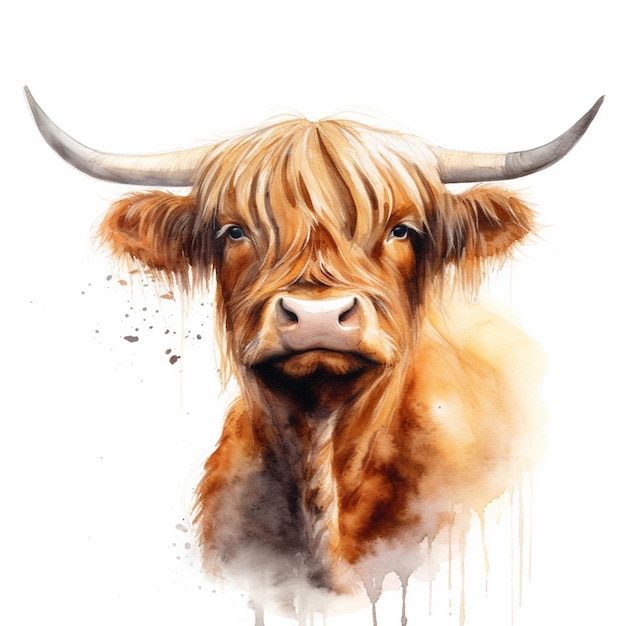 There is a painting of a cow with long horns on a white background generative ai