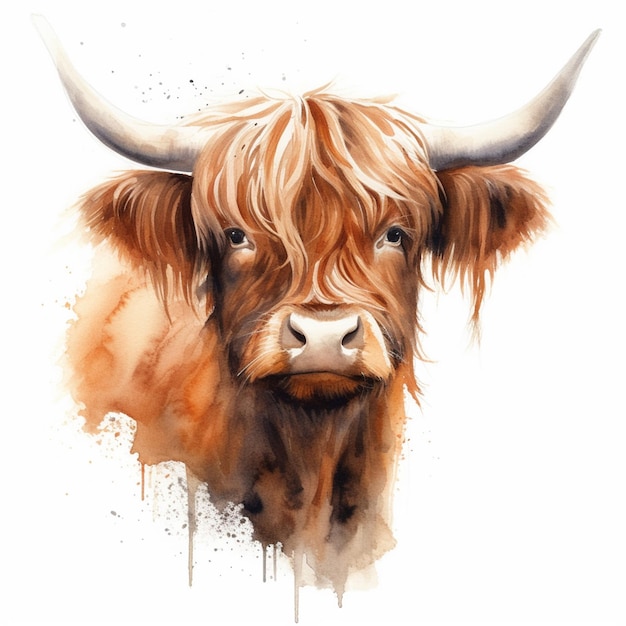 There is a painting of a cow with long horns on a white background generative ai