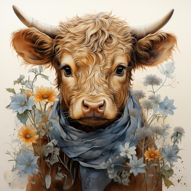 Photo there is a painting of a cow with a scarf on generative ai