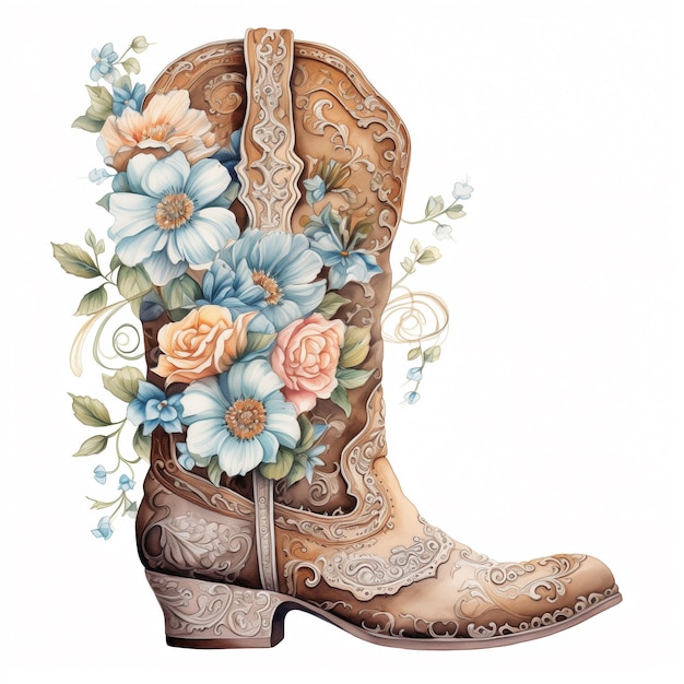 Photo there is a painting of a cowboy boot with flowers on it generative ai