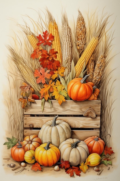 Photo there is a painting of a crate with pumpkins and corn generative ai