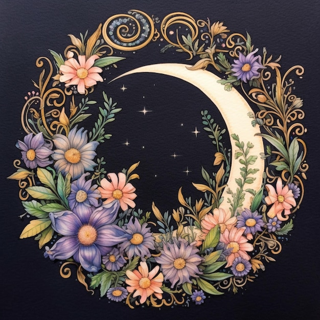 Photo there is a painting of a crescent with flowers and leaves generative ai