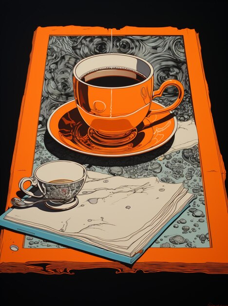 Photo there is a painting of a cup of coffee and a book generative ai