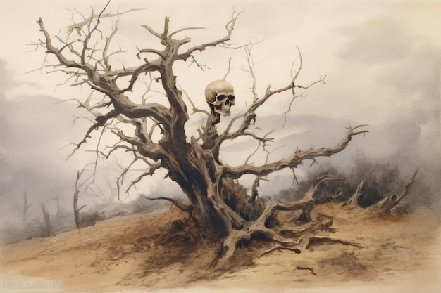 There is a painting of a dead tree with a skull on it generative ai