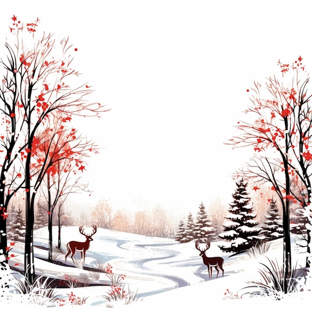 There is a painting of a deer and two deer in the snow generative ai