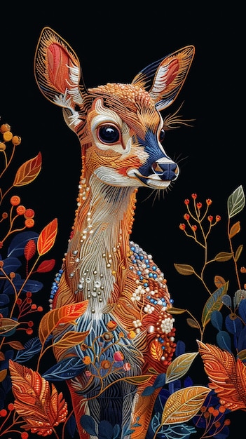 Photo there is a painting of a deer with a lot of flowers generative ai