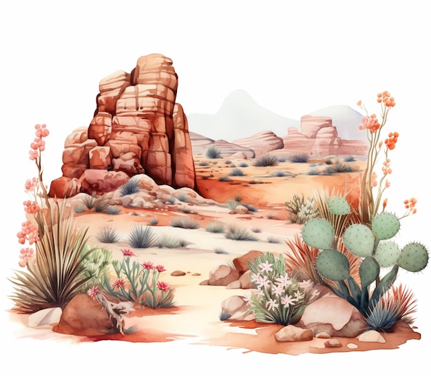 there is a painting of a desert with cactus plants and rocks generative ai