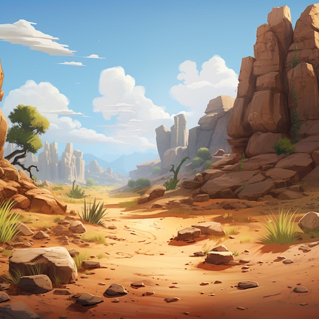 There is a painting of a desert with rocks and trees generative ai