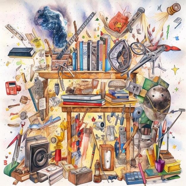 There is a painting of a desk with many items on it generative ai