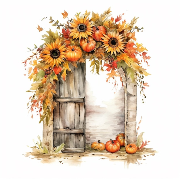 there is a painting of a door with a bunch of pumpkins generative ai