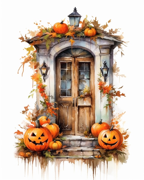 There is a painting of a door with pumpkins and leaves generative ai