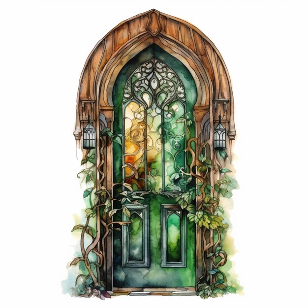 Photo there is a painting of a door with a window and vines generative ai