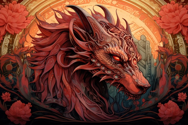 there is a painting of a dragon with a red face generative ai