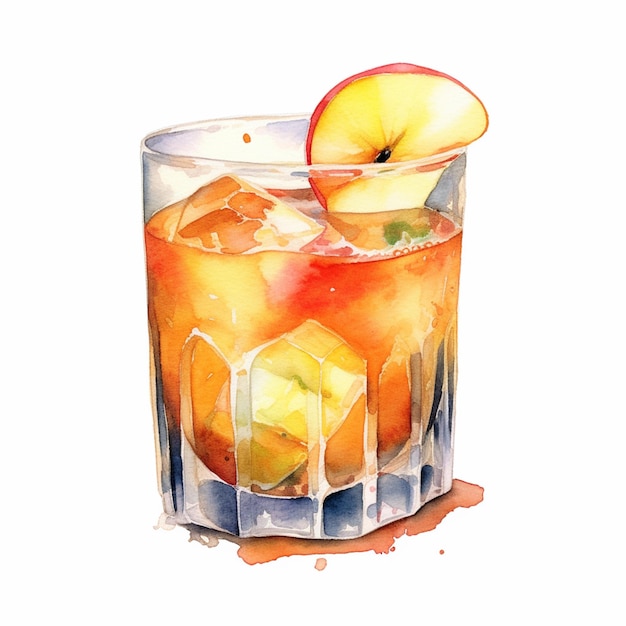 There is a painting of a drink with an apple slice on the rim generative ai