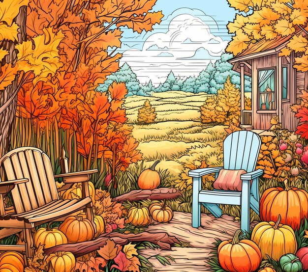 Photo there is a painting of a fall scene with a bench and pumpkins generative ai