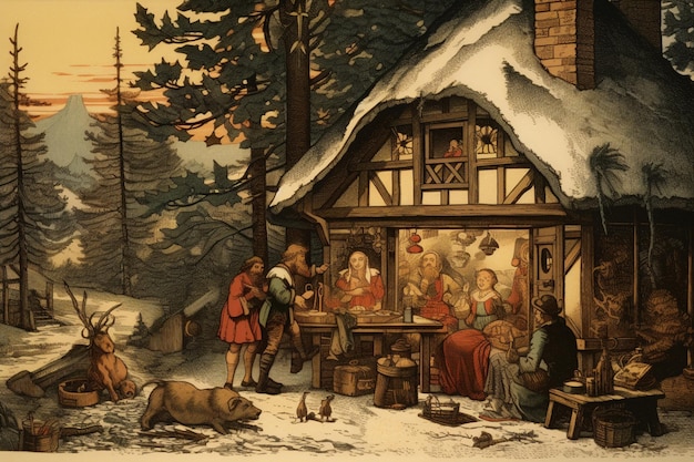 There is a painting of a family outside a house in the snow generative ai