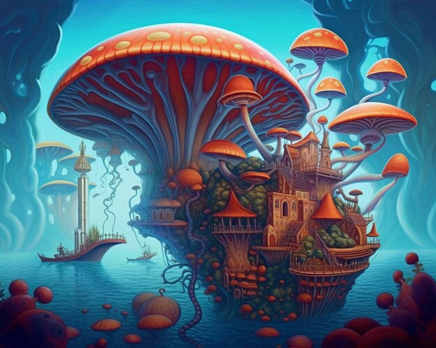 There is a painting of a fantasy castle with many mushrooms generative ai