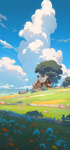 There is a painting of a farm with a house in the background generative ai
