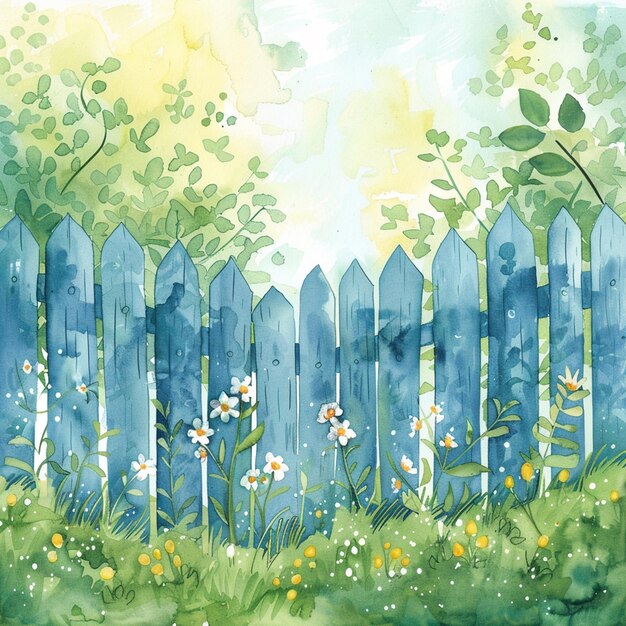 there is a painting of a fence with flowers in the grass generative ai