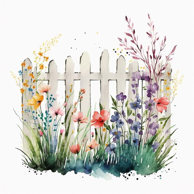 Photo there is a painting of a fence with flowers and grass generative ai