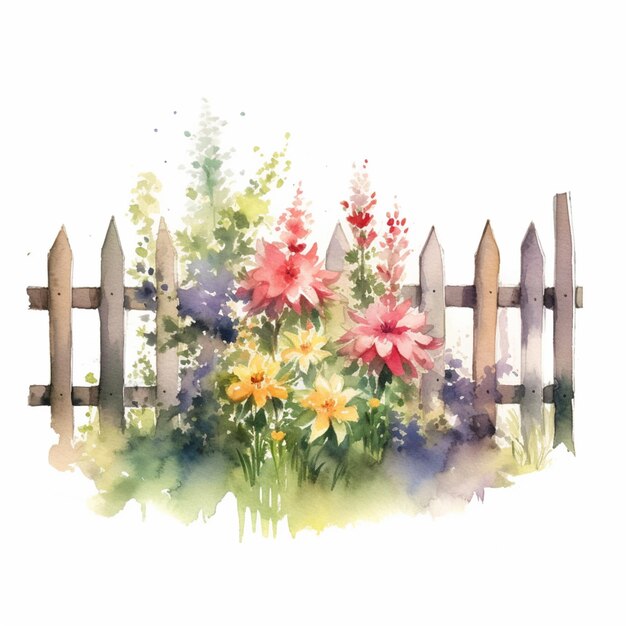 There is a painting of a fence with flowers in it generative ai