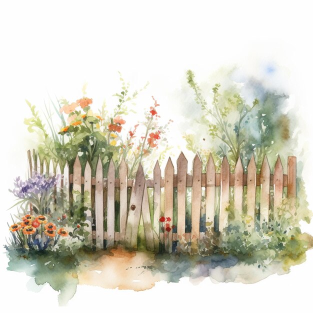 there is a painting of a fence with flowers and plants generative ai