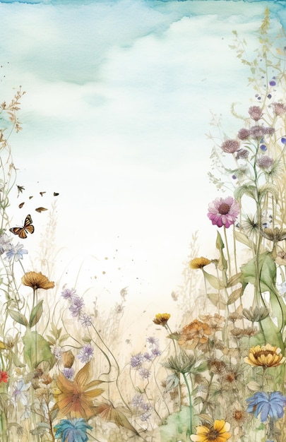 there is a painting of a field of flowers with butterflies generative ai