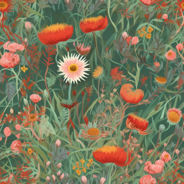 Photo there is a painting of a field of flowers with a daisy generative ai