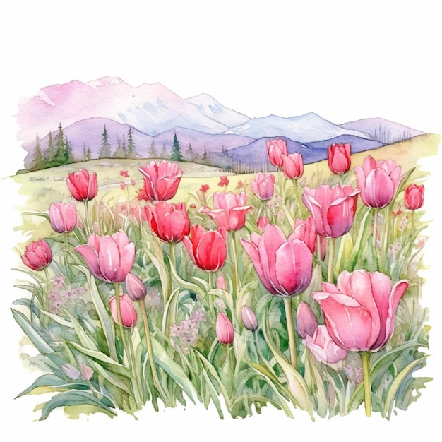 花の畑の絵 背景に山が描かれている