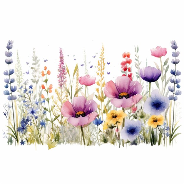 there is a painting of a field of flowers with purple and yellow flowers generative ai