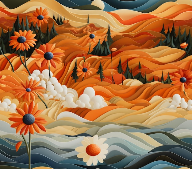 there is a painting of a field with flowers and mountains in the background generative ai