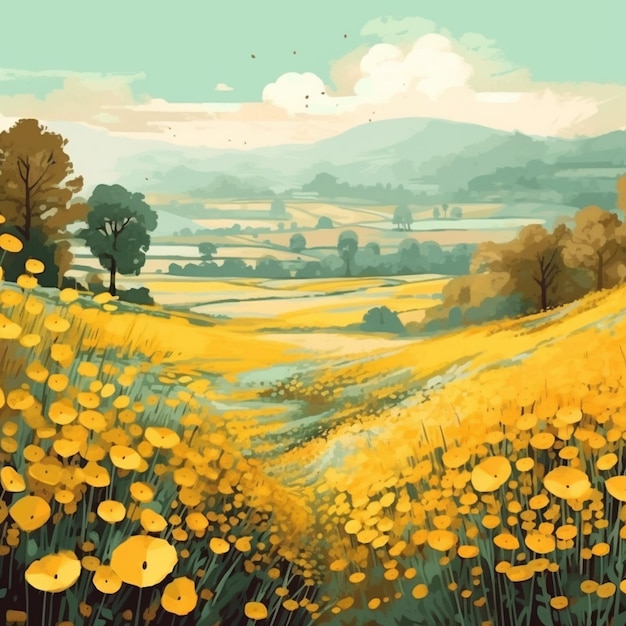 there is a painting of a field of yellow flowers with a mountain in the background generative ai