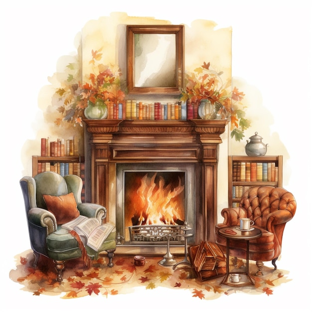 there is a painting of a fireplace with a book and a chair generative ai