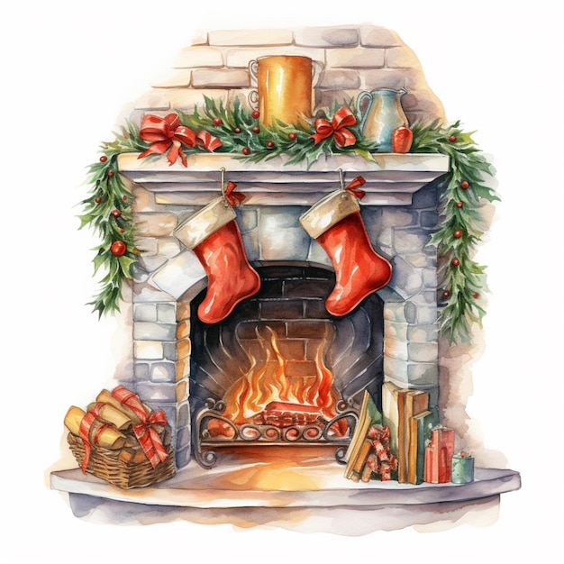 ストッキングとプレゼントのバスケットの 暖炉の絵が描かれています