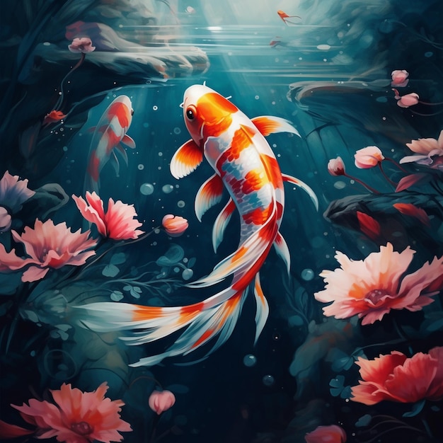 there is a painting of a fish in the water with flowers generative ai