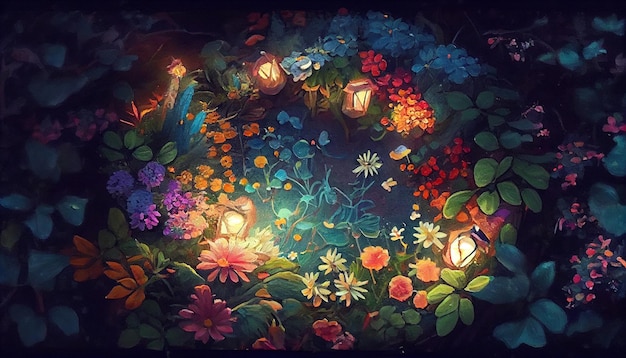 Photo there is a painting of a flower garden with a light in the middle generative ai