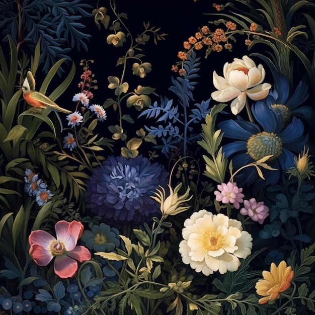 There is a painting of flowers and birds in a garden generative ai