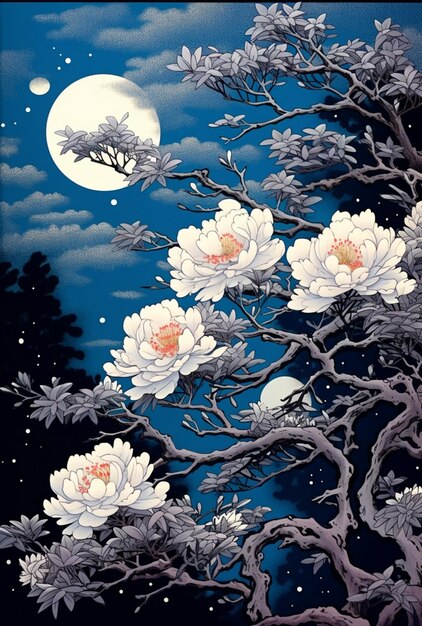 There is a painting of flowers in the moonlight with a full moon generative ai