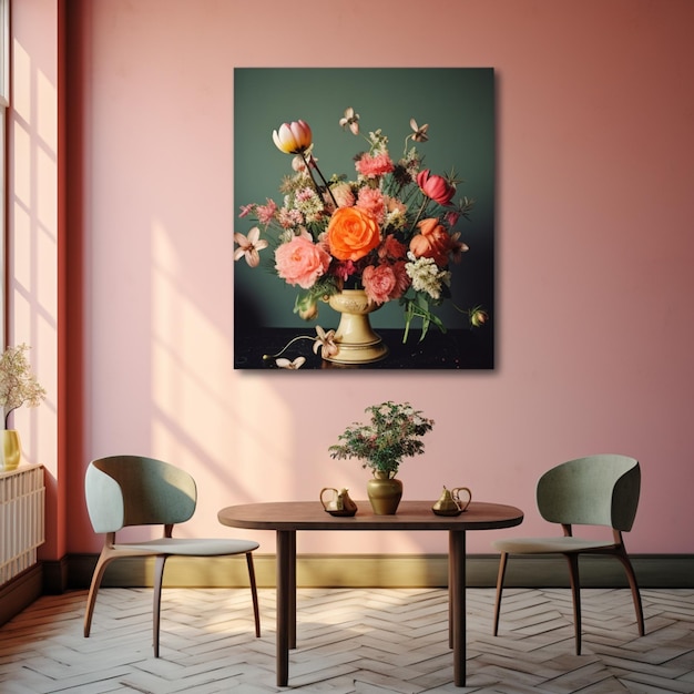 There is a painting of flowers in a vase on the wall generative ai