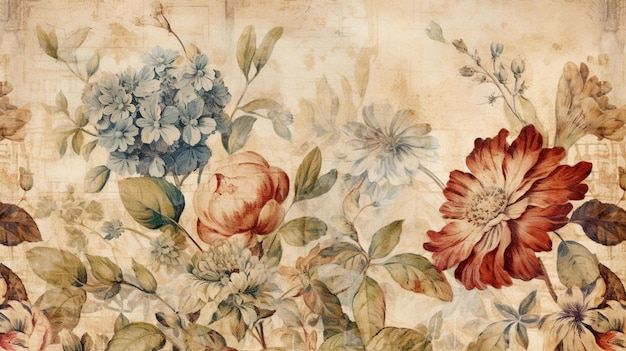 There is a painting of flowers on a wall with a grunge background generative ai