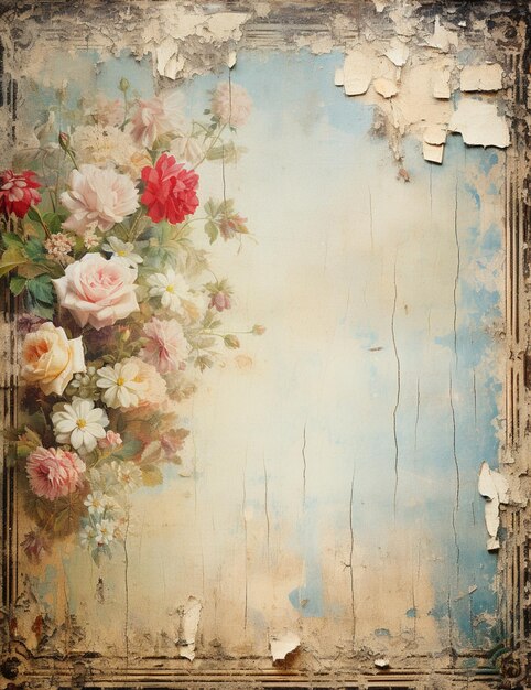 there is a painting of flowers on a wall with peeling paint generative ai